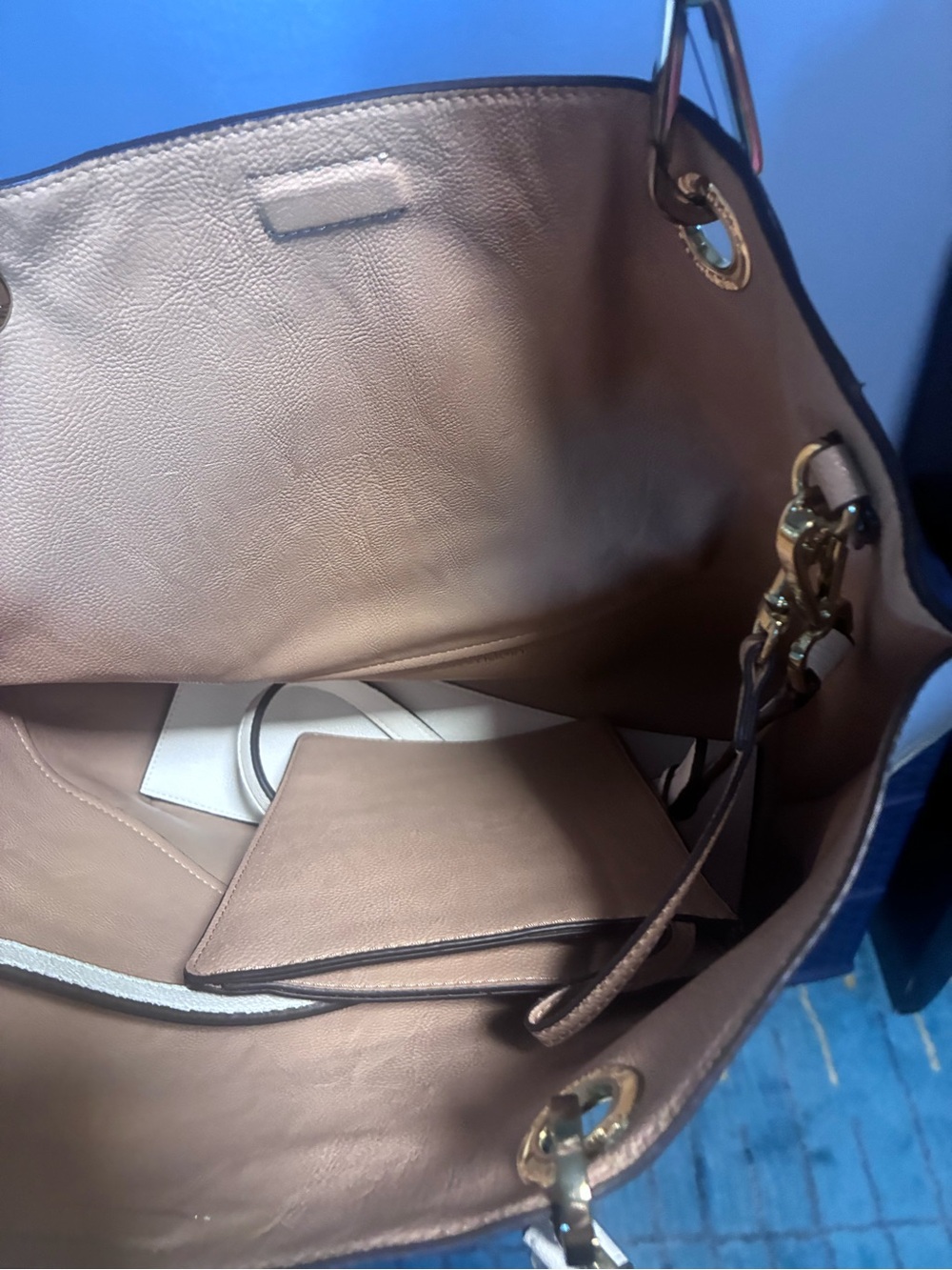 Calvin Klein Patchwork Logo Tote in Blue, White & Tan - Picture 4 of 4